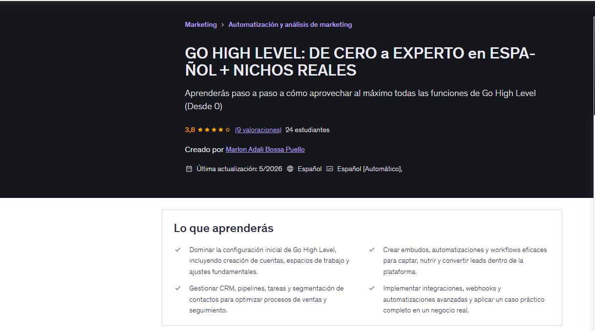 Portada del curso de Go High Level de cero a experto en español